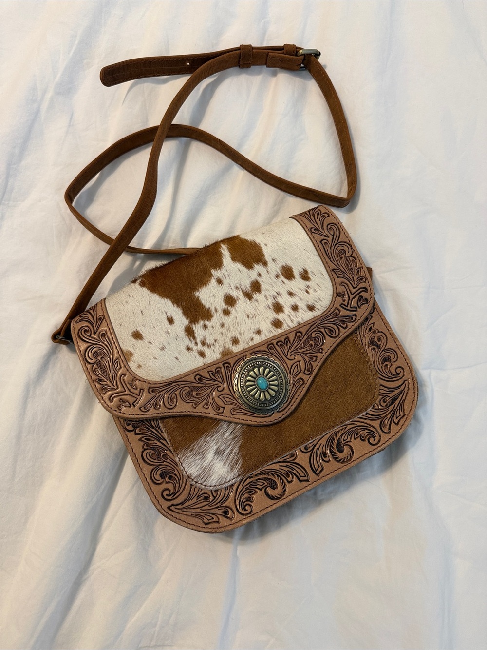 Myra Bag Brown Tooled Leather & Cowhide Crossbody with Turquoise Concho